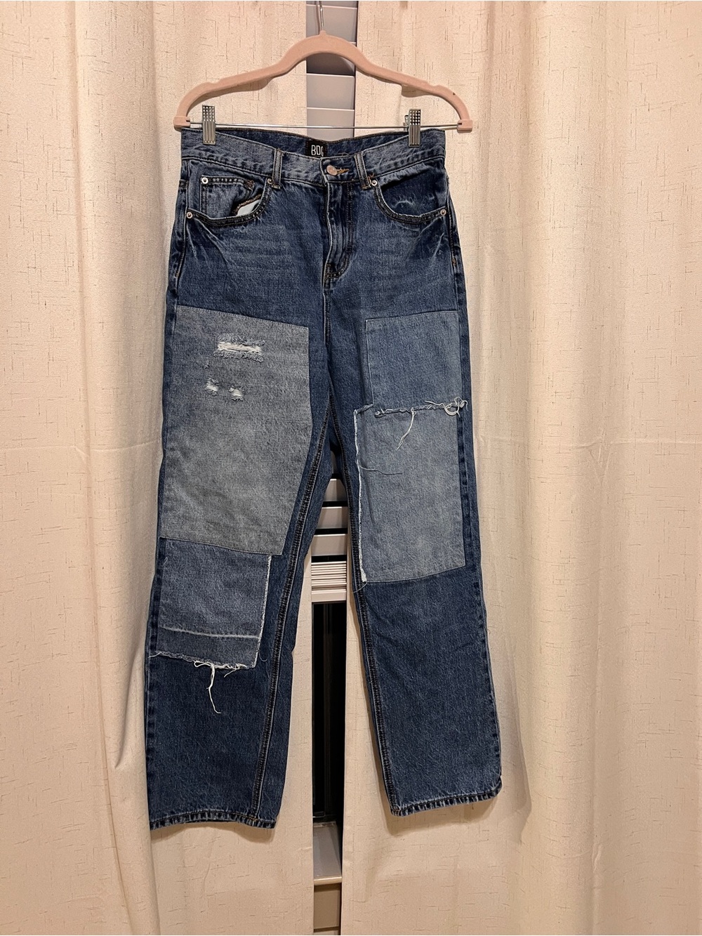 BDG Two-Tone Blue Patchwork Jeans with Brown Leather Patch